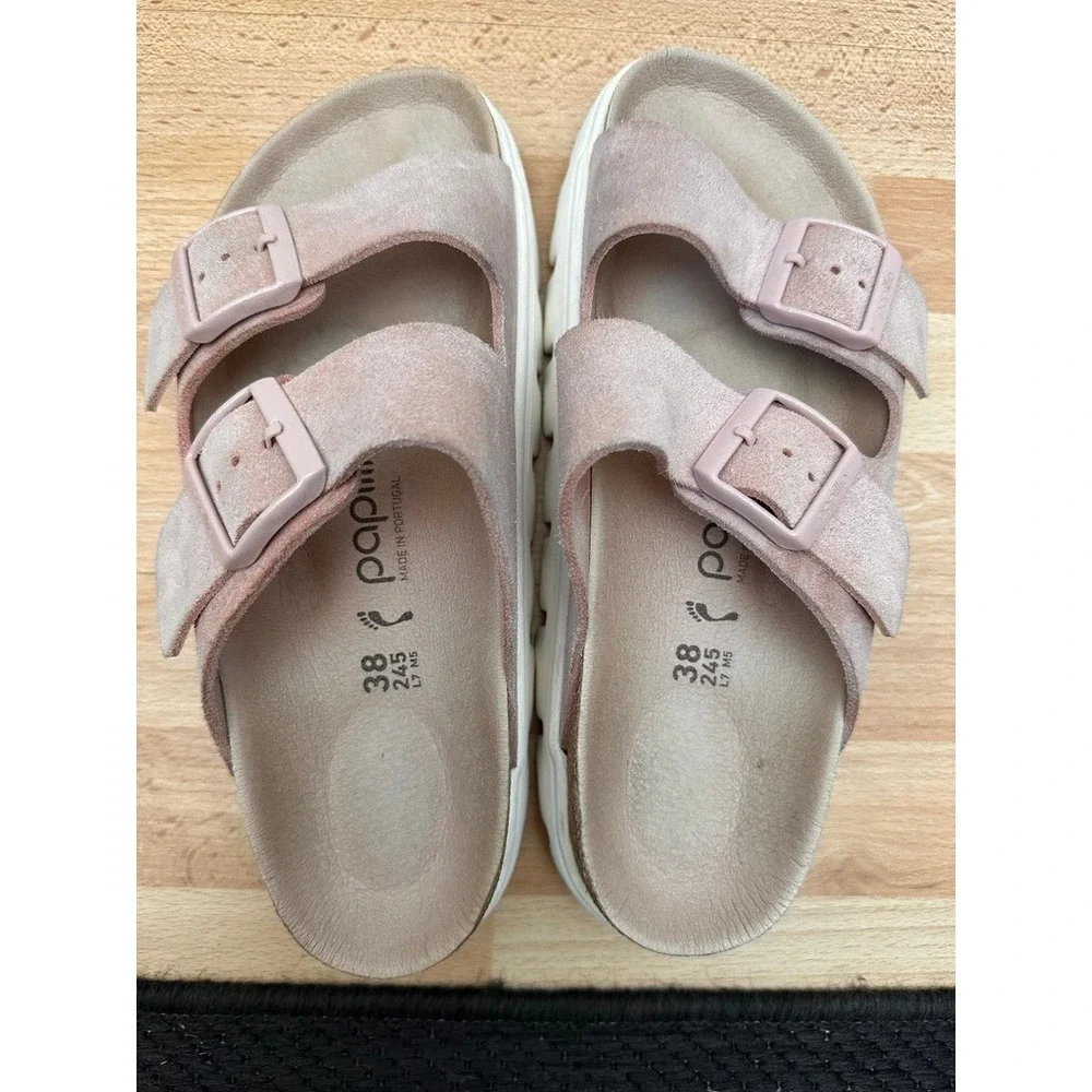 Papillio Birkenstock Arizona Sandals Women 38 Pink Suede Platform Lug Sole Slide
